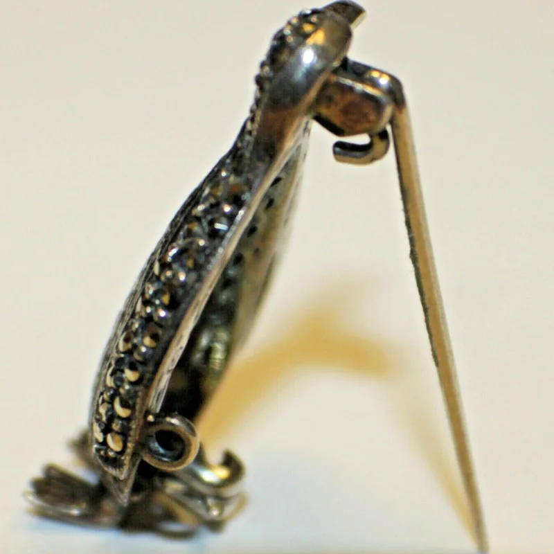 Antique Sterling Silver Marcasite Ferza Engraved Penguin RUBY Red EYE Brooch