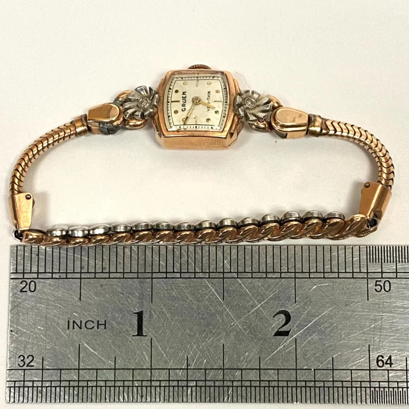 Vintage Ladies GRUEN VERI-THIN Watch 14K Gold 2 Diamonds Swiss Made 17 Jewel