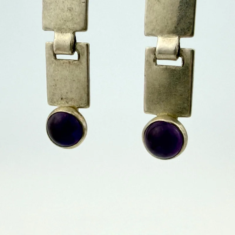 Vintage 925 Silver Long Modernist Dangle Earrings With Purple Iolite Stones