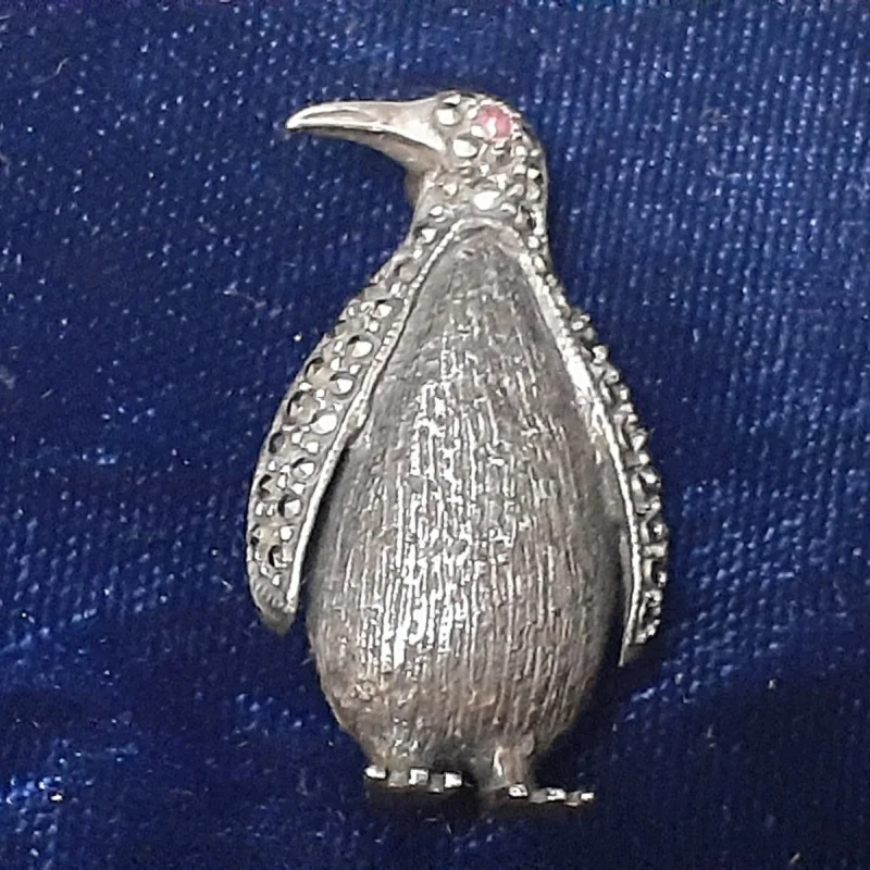 Antique Sterling Silver Marcasite Ferza Engraved Penguin RUBY Red EYE Brooch