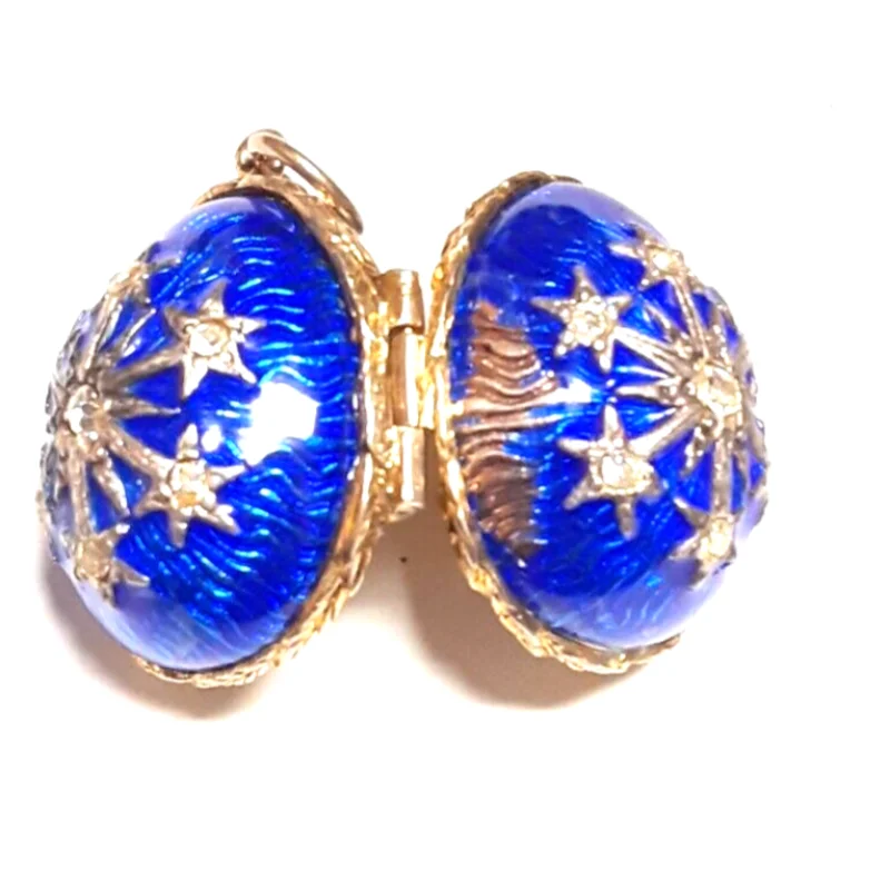 Small Antique Sterling Silver Enamel Egg Pendant (BLUE WITH STARS )