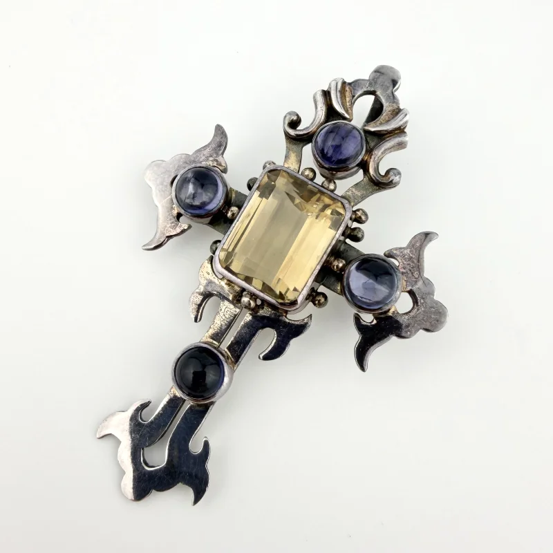Vintage Sterling Silver Cross Pendant with Citrine and Iolite - 925
