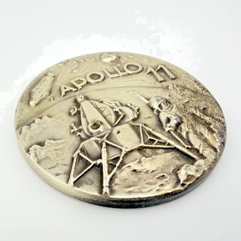 Apollo 11 NASA Space Moon High Relief Medal 2" Silvered Bronze Coin Medallion
