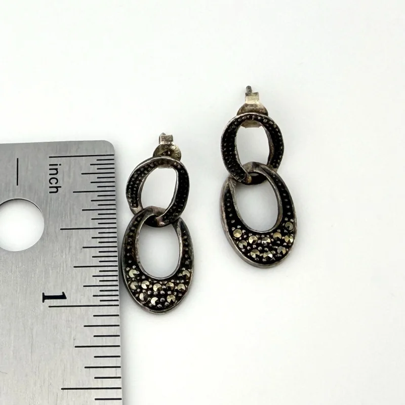 Vintage Sterling Silver Marcasite Interlocking Circle Dangle Earrings