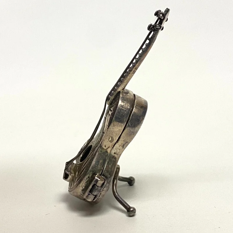 Rare Antique Sterling Silver Miniature Scroll Guitar Pill Box Dove Doll House