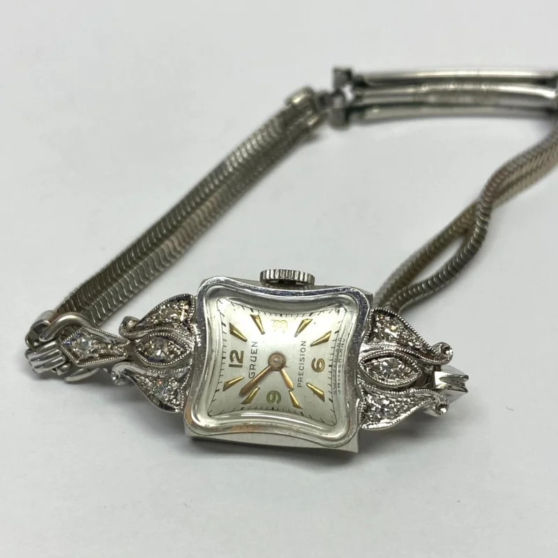 Vintage Ladies Gruen Precision 14K White Gold w Diamonds 17 Jewels