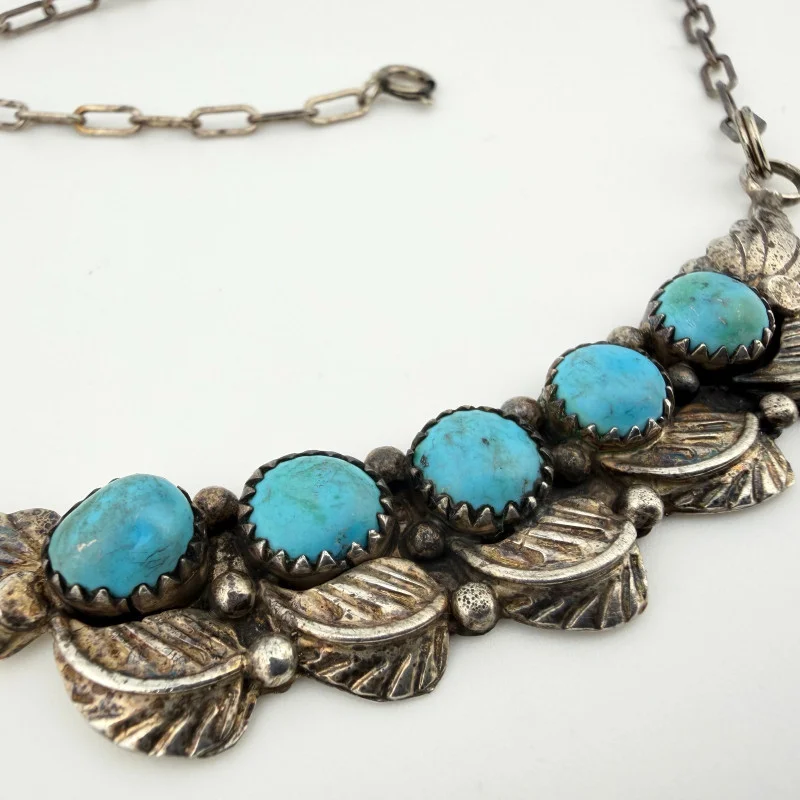 Virgil Leekya Navajo Sterling Silver 5-Stone Turquoise Bar Necklace