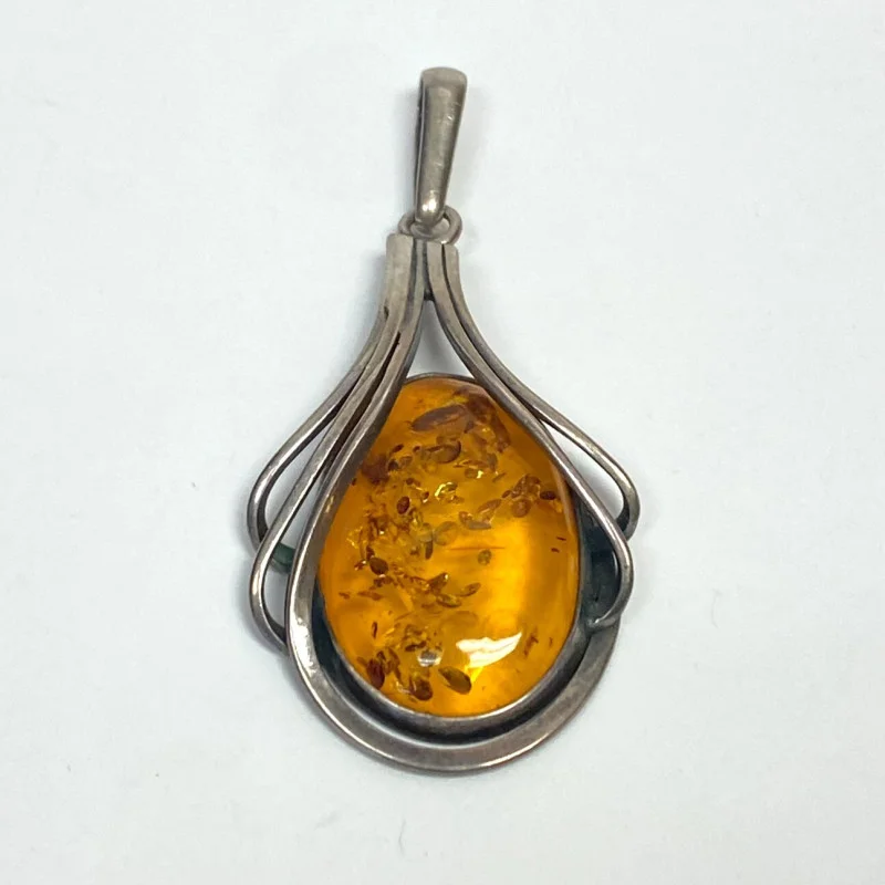 Silver Vintage Real Amber Modernist Pendant