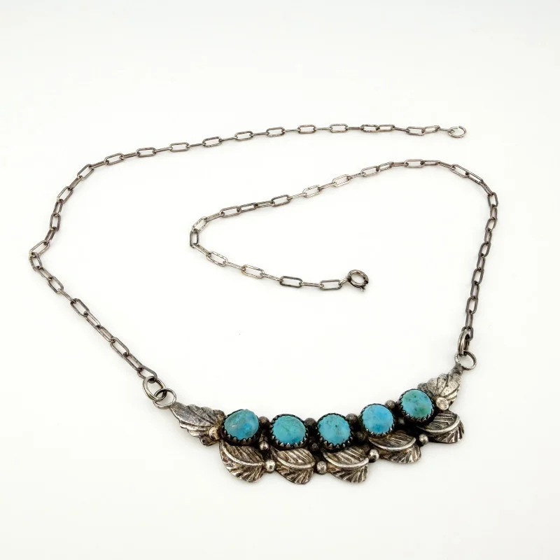 Virgil Leekya Navajo Sterling Silver 5-Stone Turquoise Bar Necklace