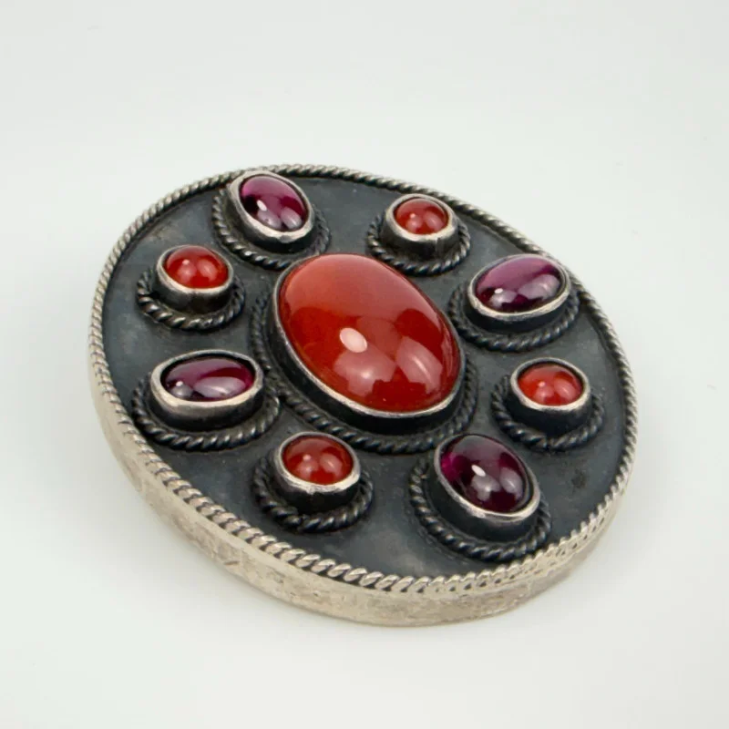 Vintage Rare Mexico 925 Silver Red Agat and Pink Tourmaline Pendant Brooch