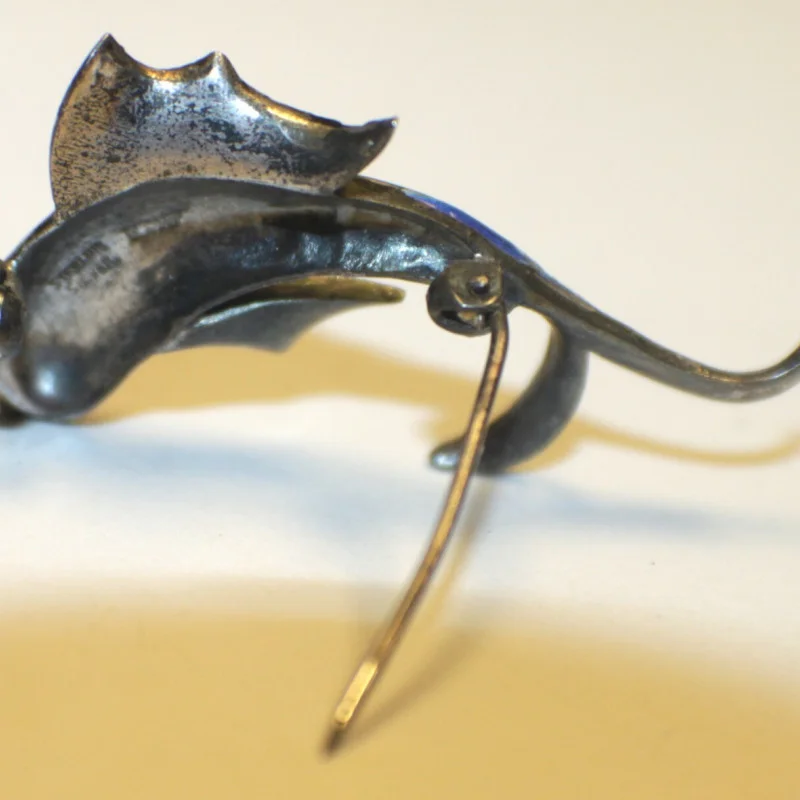 Antique Sterling Silver Designed Gems Faced Blue Multicolor Fish / 1 Ruby Eye  