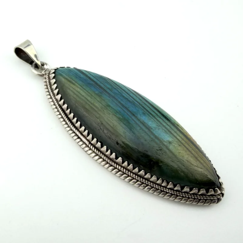 Vintage Large Labradorite Sterling Silver Necklace Pendant Marquise Shape