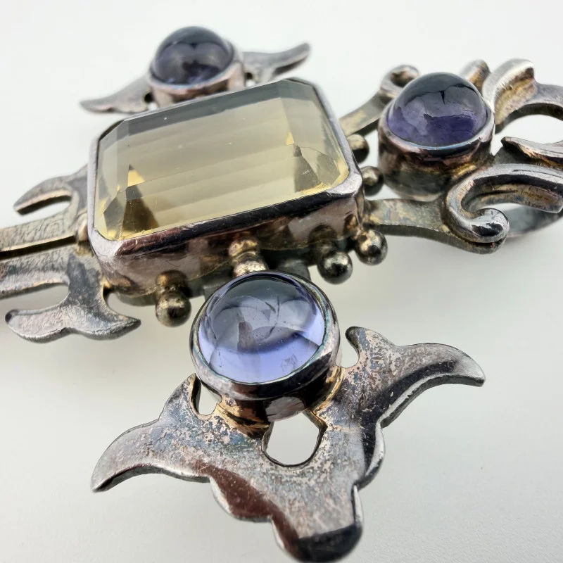 Vintage Sterling Silver Cross Pendant with Citrine and Iolite - 925