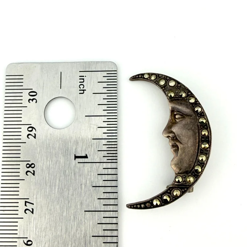 Vintage Art Deco Sterling Silver Moon Brooch with Marcasite Stones