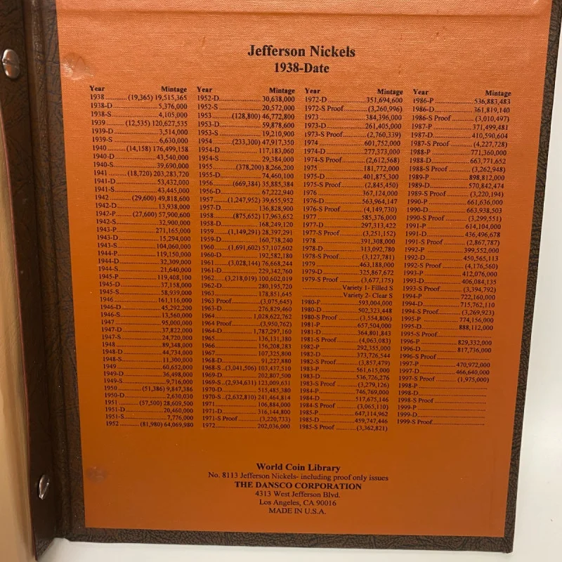 Jefferson Nickels Dansco Album with Proofs #8113 - 1938 to 2005 - No Coins