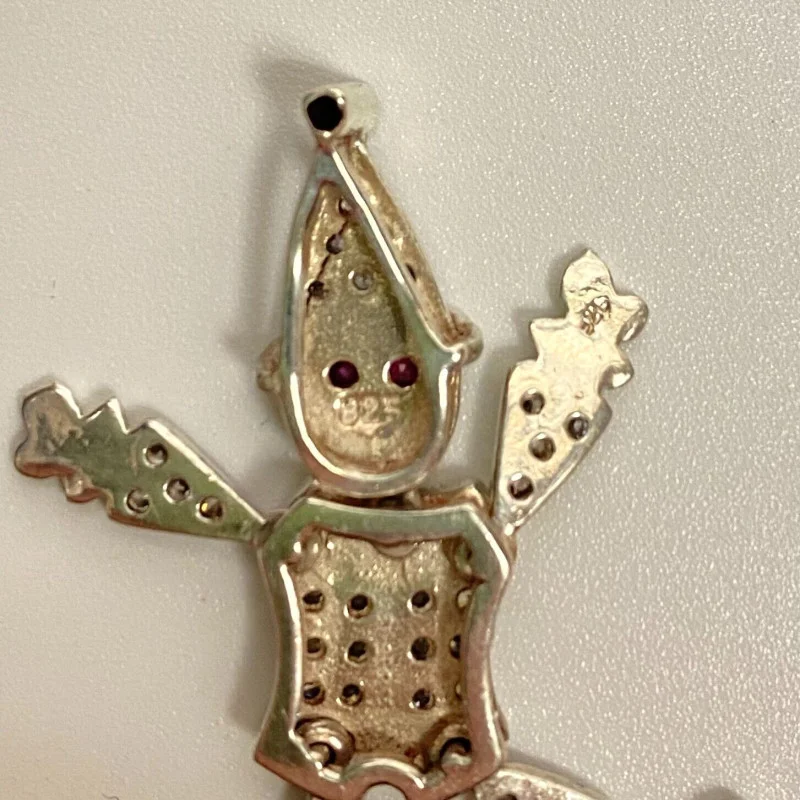White Sapphires and Rubies Jointed Clown Silver Pendant