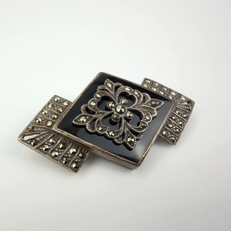 Vintage Geometrical Pin / Brooch with Black Onyx and Marcasite 925 Sterling