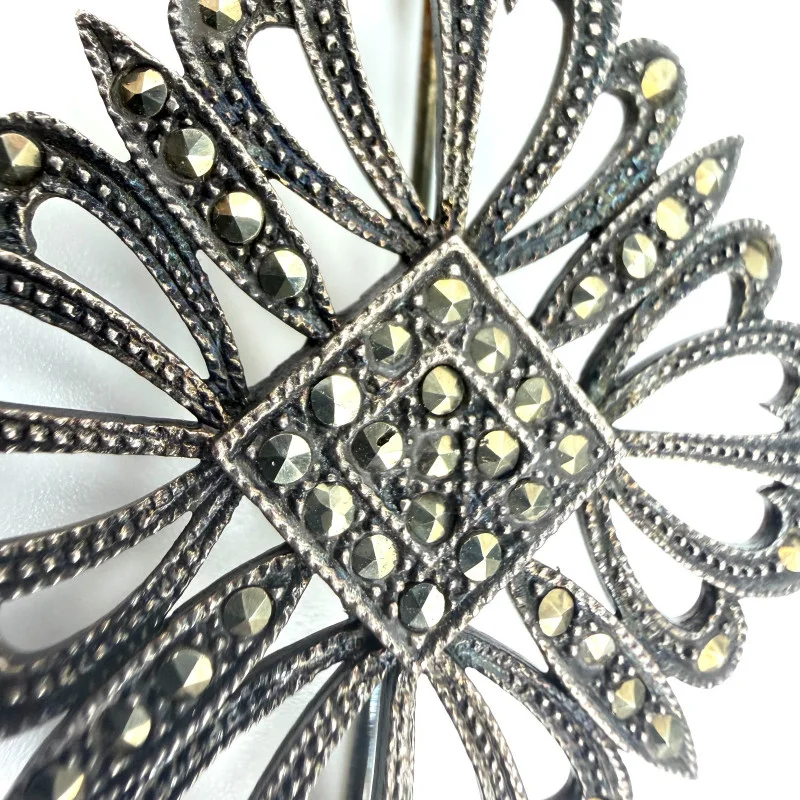 Vintage Art Deco Sterling Silver 925 Marcasite Flower Square Pin Brooch