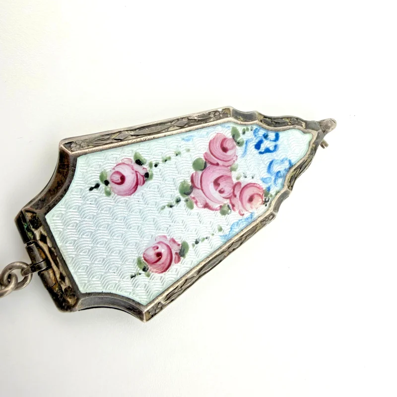 Antique Art Deco Sterling Silver Guilloche Enamel Locket - Pink Roses