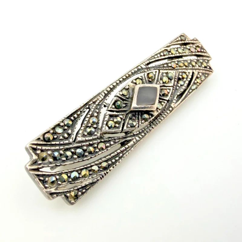 Vintage 30s Art Deco Sterling Silver Marcasites Bar Brooch Pin