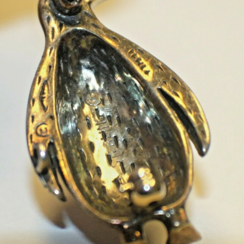 Antique Sterling Silver Marcasite Ferza Engraved Penguin RUBY Red EYE Brooch