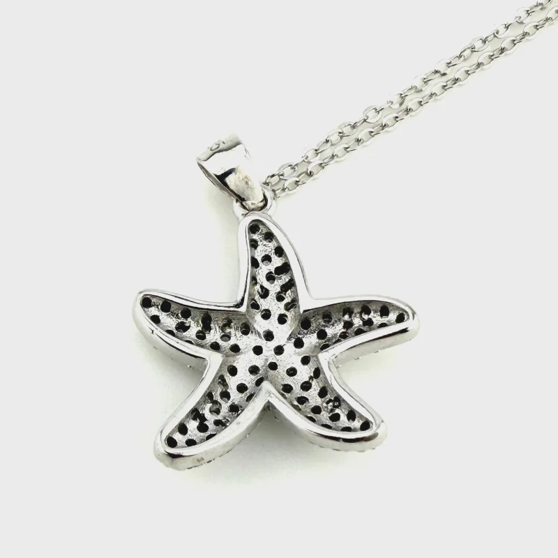 925 Sterling Silver Starfish Pendant Necklace with CZ - 15" Chain