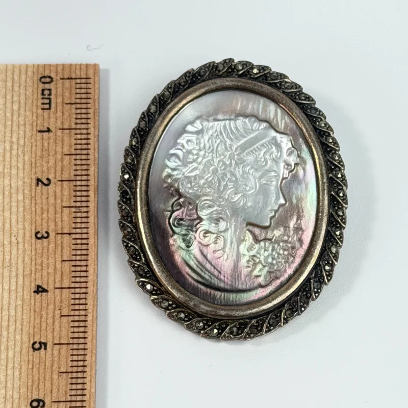 Vintage 925 Sterling Silver Cameo Pendant Brooch with Carved Mother of Pearl 2"