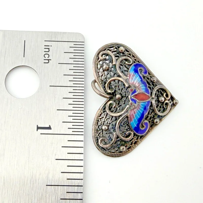 Vintage Silver Heart Pendant with Enamel Butterfly and Filigree
