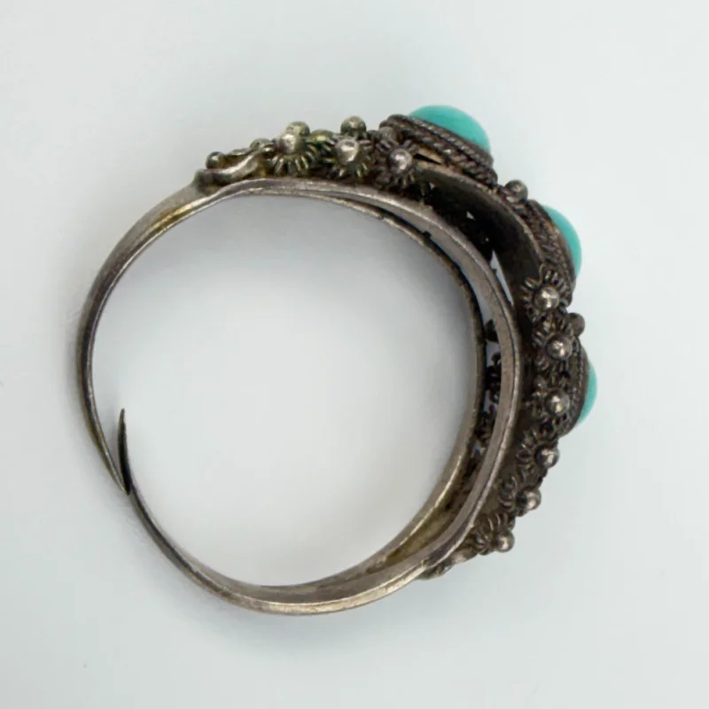 Chinese Export SterlingSilver Filigree Beauty Turquoise Ring, Adjustable