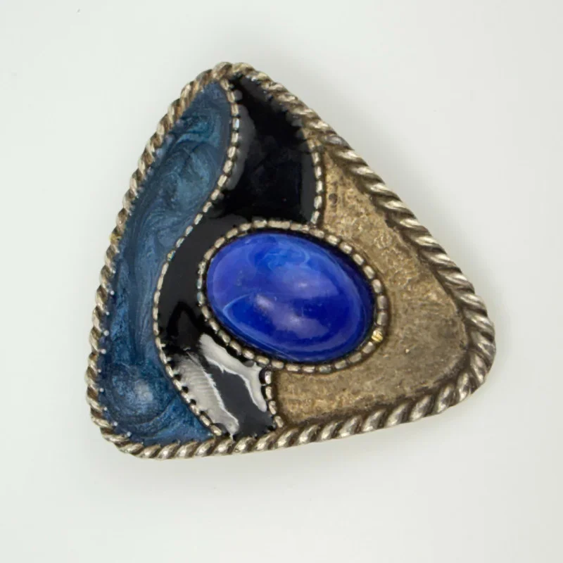 Vintage Triangle Metal Bolo Tie Blue Sodalite Blue Enamel, Western Design