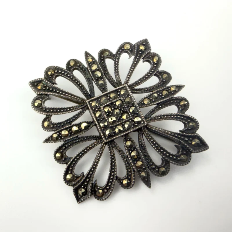 Vintage Art Deco Sterling Silver 925 Marcasite Flower Square Pin Brooch