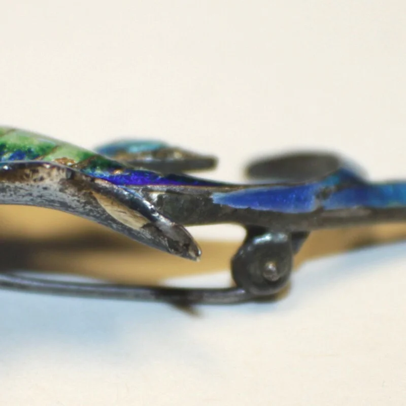 Antique Sterling Silver Designed Gems Faced Blue Multicolor Fish / 1 Ruby Eye  