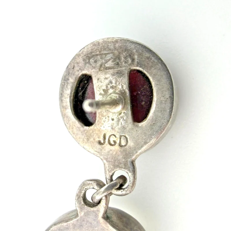 Vintage Janice Girardi Sterling Silver Dangle Earrings - Cat's Eye & Garnets