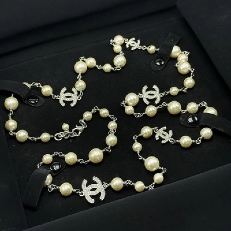 CHANEL A14V 5 CC Crystal Faux Pearl Long Necklace Silver Tone w/ Box