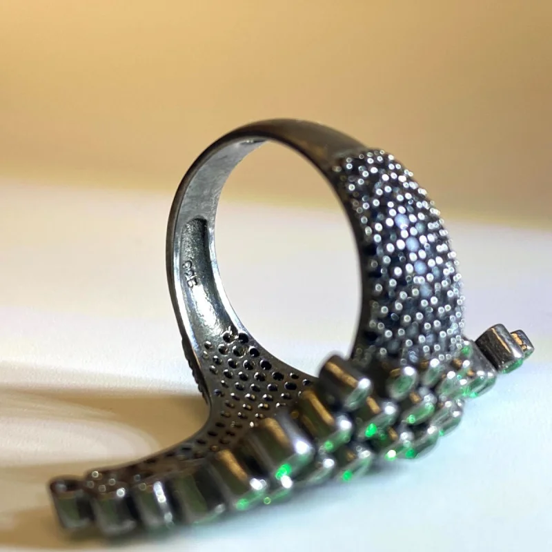 Sterling Silver Black Onyx and Green Emerald Ring
