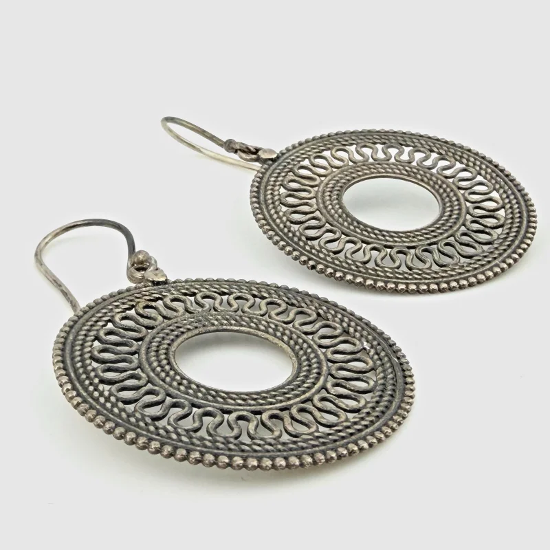 925 Sterling Silver PTI India Dangle Earrings Open-Circle Mandala Style