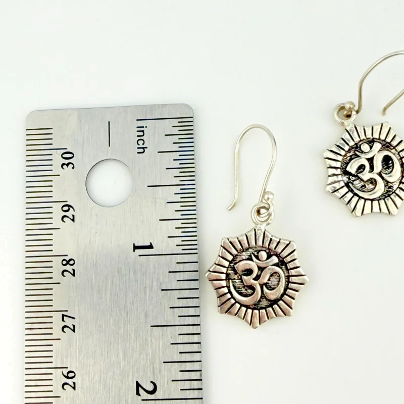 Vintage Sterling Silver Om Symbol Radiating Sunburst Earrings - French Wire Hook