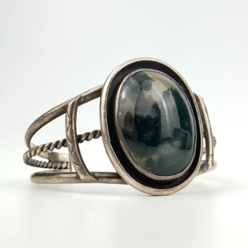 Native American Style Sterling Silver Oval Black&White Agate Stone Cuff Bracelet