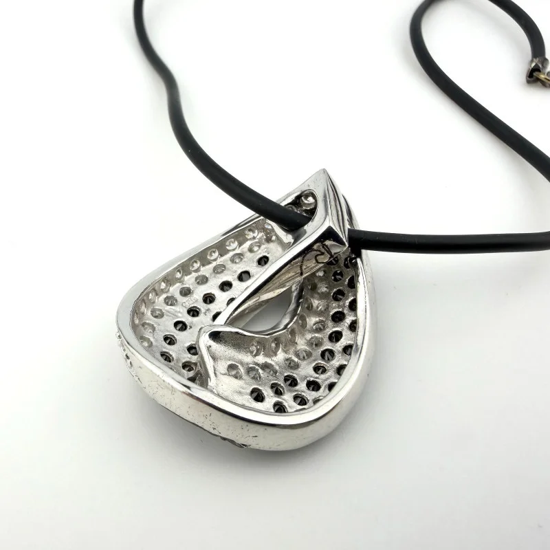 Sterling Silver Two-Tone CZ Teardrop Pendant Necklace on Rubber Cord