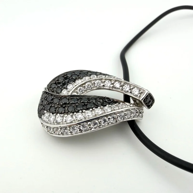 Sterling Silver Two-Tone CZ Teardrop Pendant Necklace on Rubber Cord