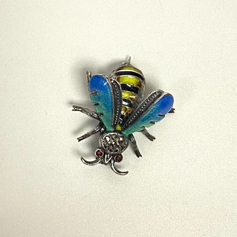 Vintage Sterling Silver & Enamel Bee Pin With Marcasite & Ruby Stone Eyes