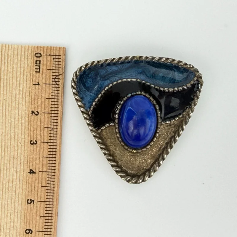 Vintage Triangle Metal Bolo Tie Blue Sodalite Blue Enamel, Western Design