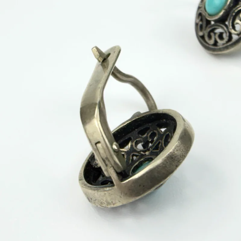 Vintage Openwork Silver Round Earrings with Turquoise