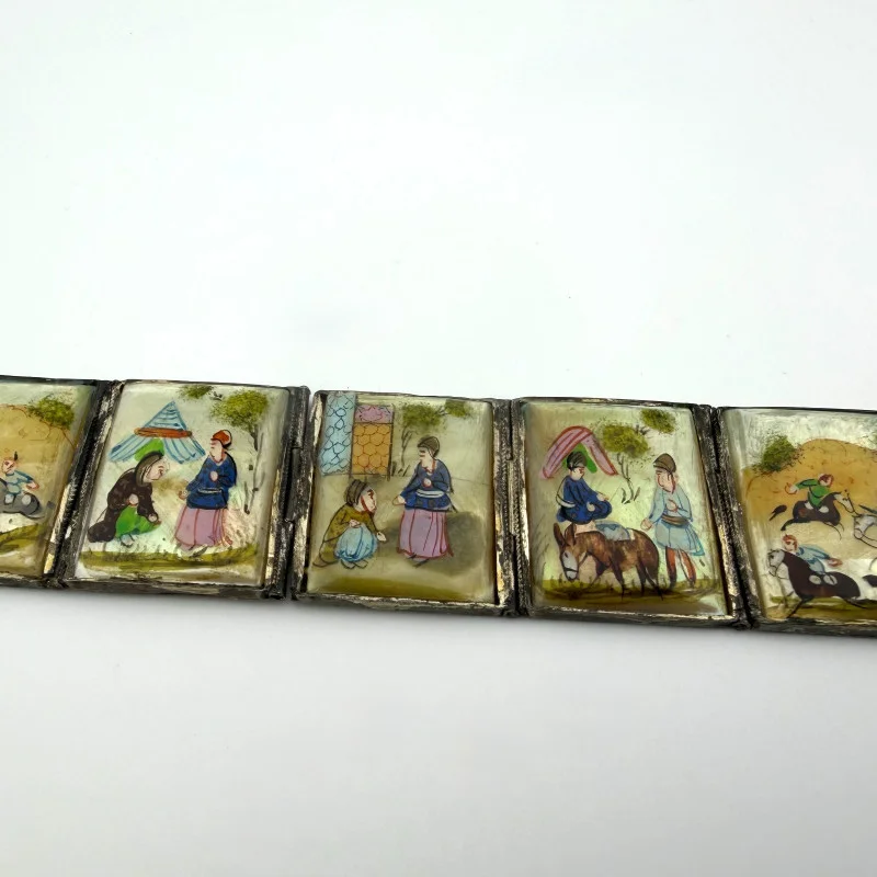 Vintage Antique Persian Miniature Painting Mother of Pearl Silver Bracelet