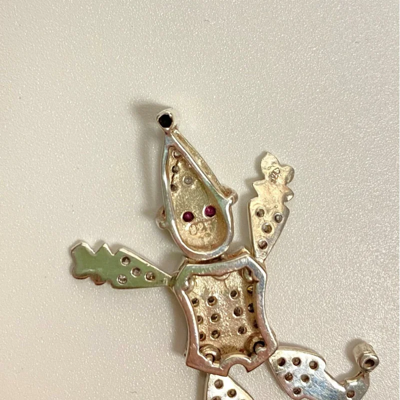 White Sapphires and Rubies Jointed Clown Silver Pendant