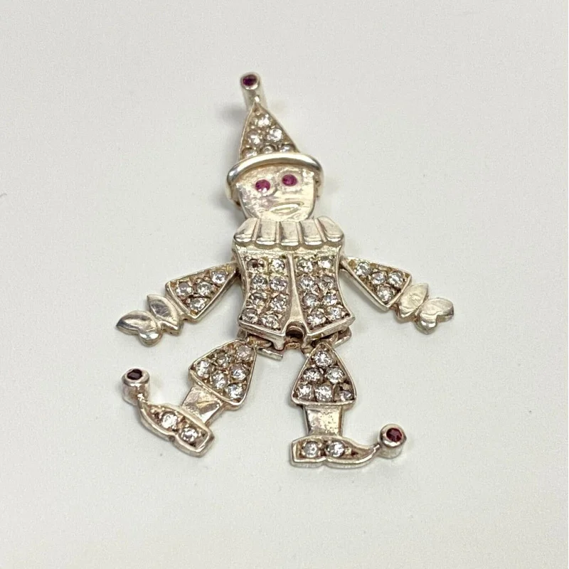 White Sapphires and Rubies Jointed Clown Silver Pendant