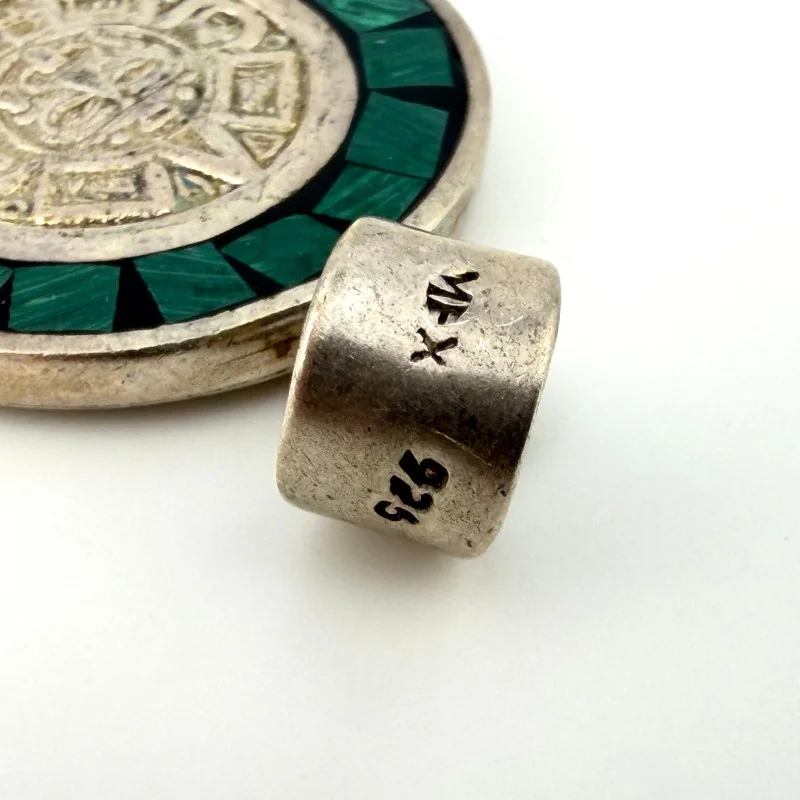 Vintage Mexican Sterling Silver Aztec Mayan Face Malachite Inlay Pendant MFX 925