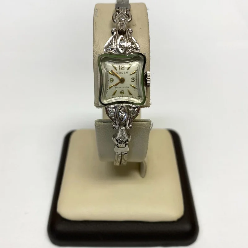 Vintage Ladies Gruen Precision 14K White Gold w Diamonds 17 Jewels