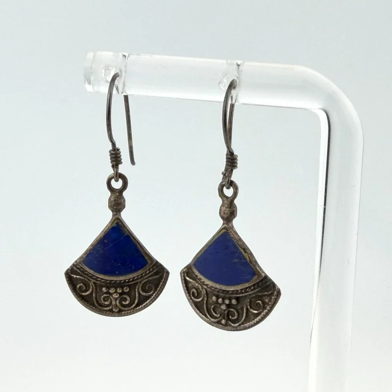 Vintage  Fan-Shaped Sterling Silver Filigree Dangle Earrings with Lapis Lazuli