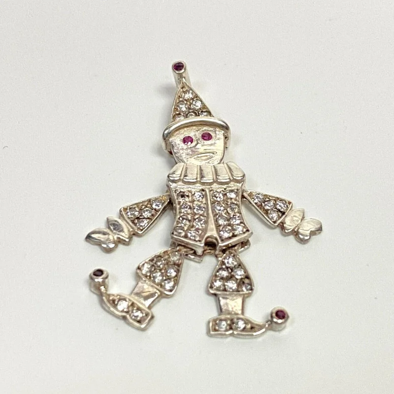 White Sapphires and Rubies Jointed Clown Silver Pendant